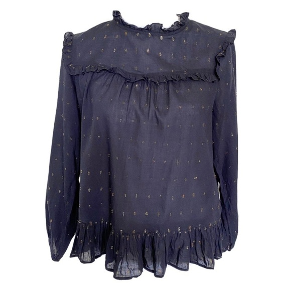 Joie Black & Metallic Ruffle Long Sleeve Gianella Blouse Semi Sheer Size S - Picture 3 of 12